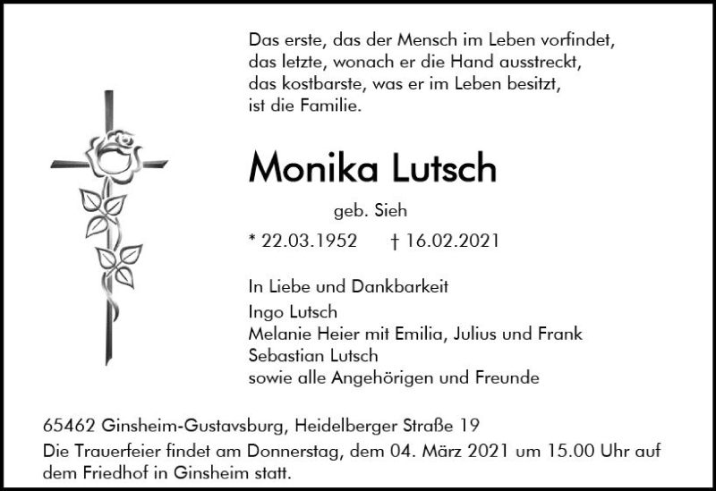  Traueranzeige für Monika Lutsch vom 27.02.2021 aus vrm-trauer