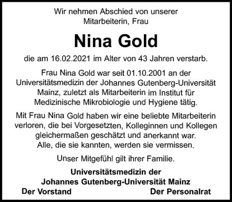  Traueranzeige für Nina Gold vom 20.02.2021 aus vrm-trauer