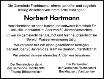 Traueranzeige von Norbert Hartmann von vrm-trauer