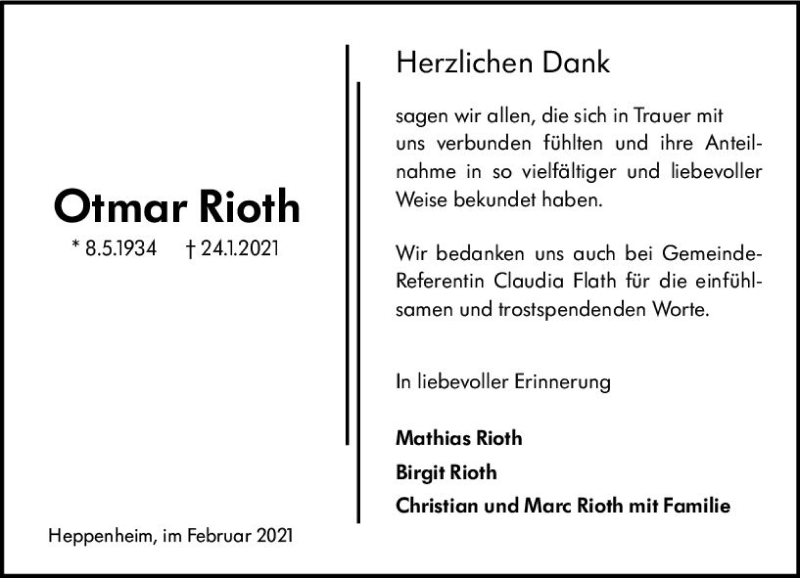  Traueranzeige für Otmar Rioth vom 13.02.2021 aus vrm-trauer