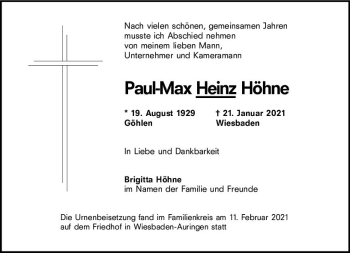 Traueranzeige von Paul-Max Heinz Höhne von vrm-trauer