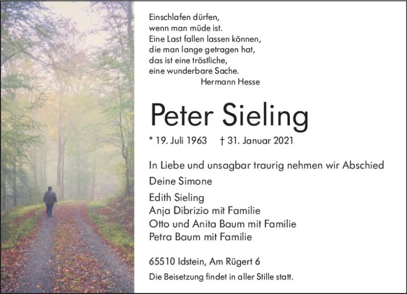  Traueranzeige für Peter Sieling vom 20.02.2021 aus vrm-trauer