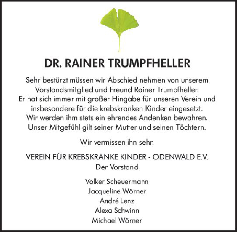  Traueranzeige für Rainer Trumpfheller vom 13.02.2021 aus vrm-trauer