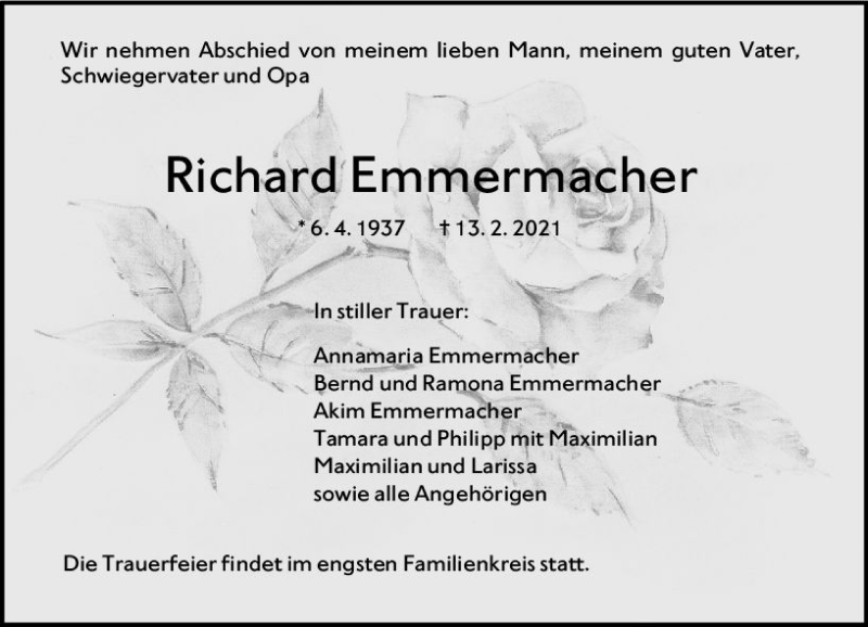  Traueranzeige für Richard Emmermacher vom 19.02.2021 aus vrm-trauer