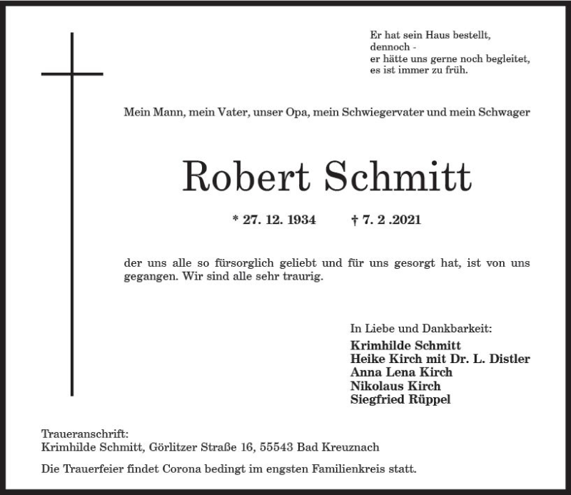  Traueranzeige für Robert Schmitt vom 20.02.2021 aus vrm-trauer
