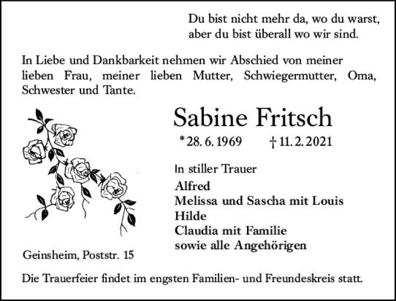  Traueranzeige für Sabine Fritsch vom 16.02.2021 aus vrm-trauer