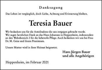 Traueranzeige von Teresia Bauer von vrm-trauer