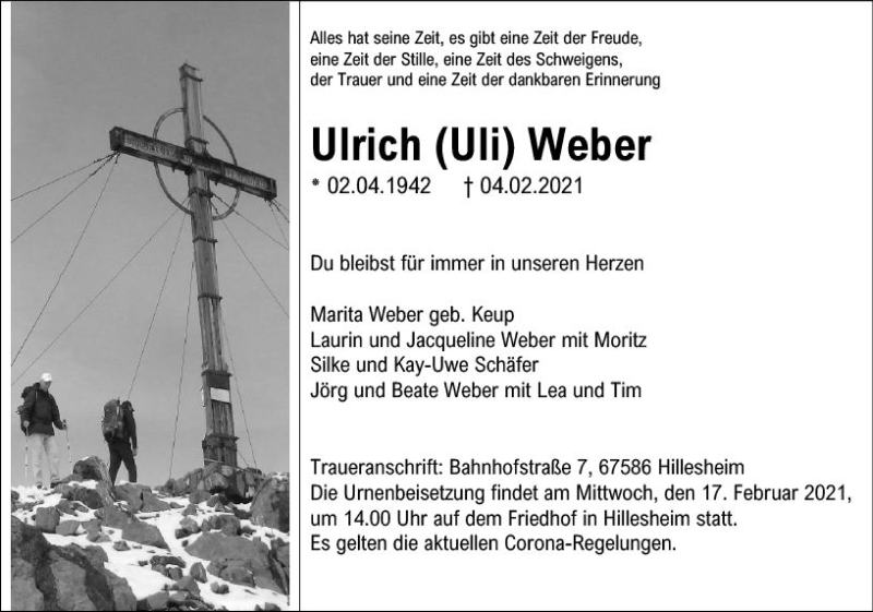  Traueranzeige für Ulrich Weber vom 13.02.2021 aus vrm-trauer