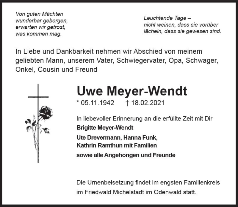  Traueranzeige für Uwe Meyer-Wendt vom 24.02.2021 aus vrm-trauer