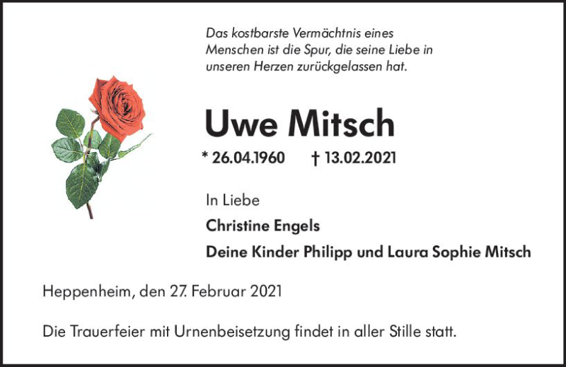  Traueranzeige für Uwe Mitsch vom 27.02.2021 aus vrm-trauer