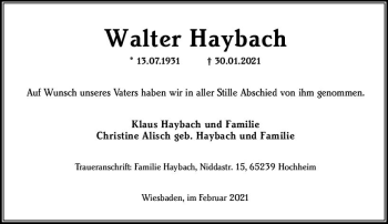 Traueranzeige von Walter Haybach von vrm-trauer