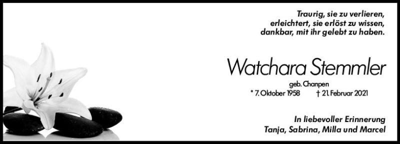  Traueranzeige für Watchara Stemmler vom 26.02.2021 aus vrm-trauer