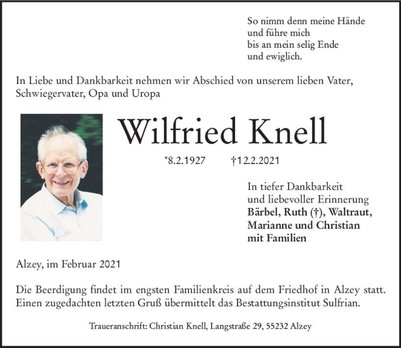  Traueranzeige für Wilfried Knell vom 18.02.2021 aus vrm-trauer