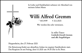 Traueranzeige von Willi Alfred Gremm von vrm-trauer