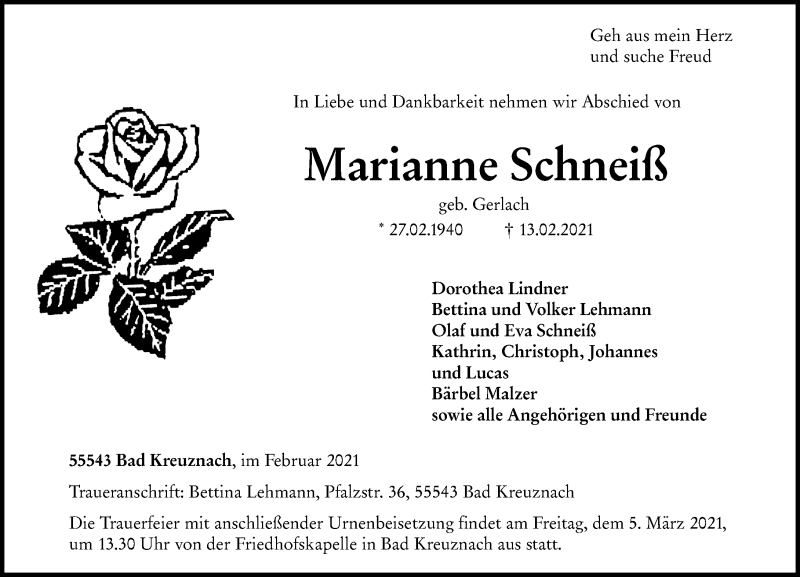  Traueranzeige für Marianne Schneiß vom 27.02.2021 aus VRM Tageszeitungen