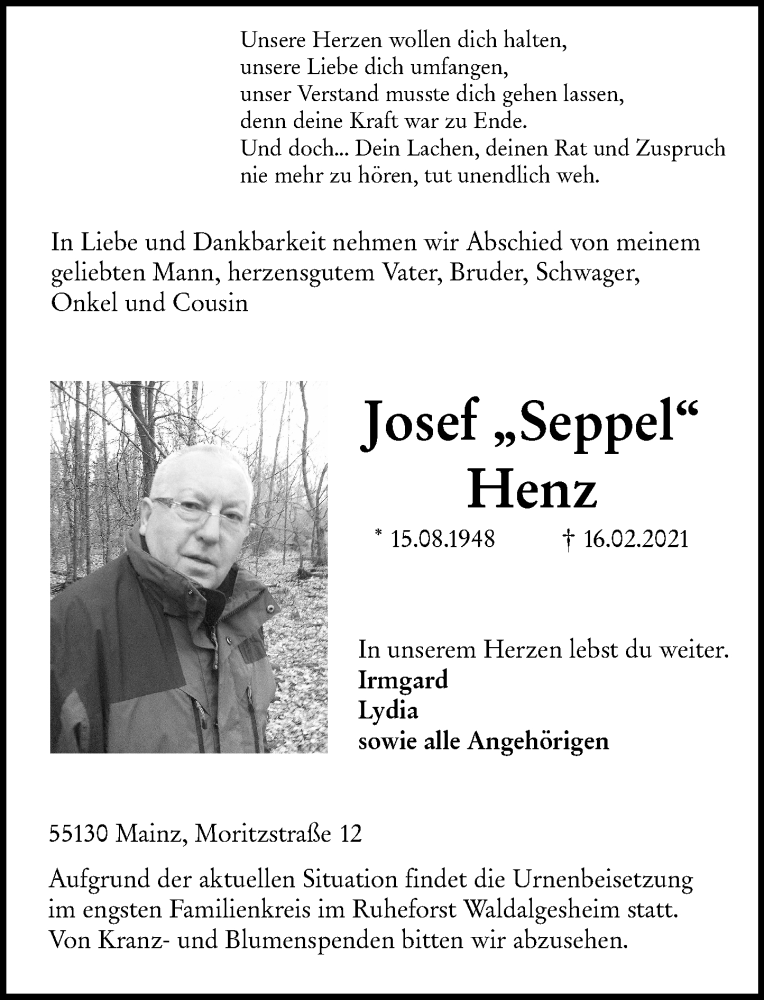  Traueranzeige für Josef Henz vom 08.03.2021 aus 