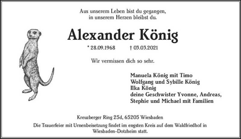  Traueranzeige für Alexander König vom 13.03.2021 aus vrm-trauer