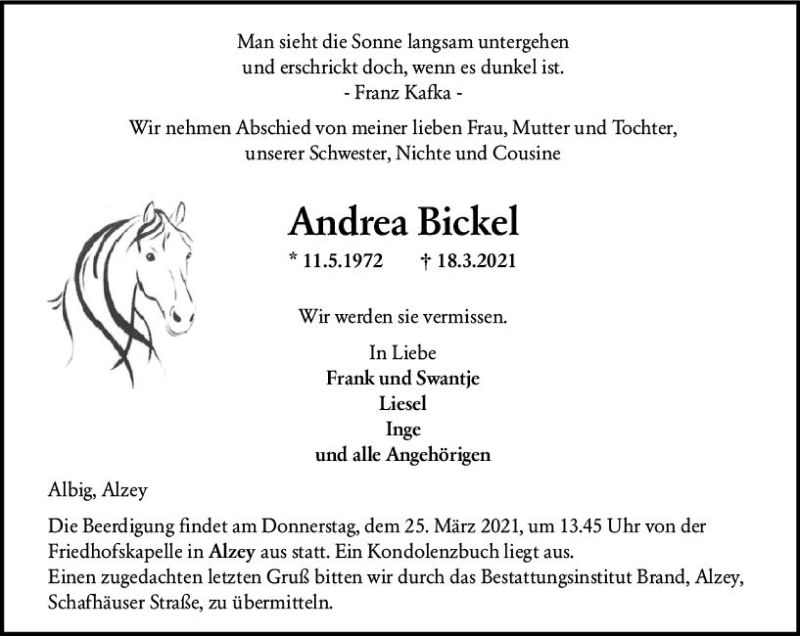  Traueranzeige für Andrea Bickel vom 20.03.2021 aus vrm-trauer
