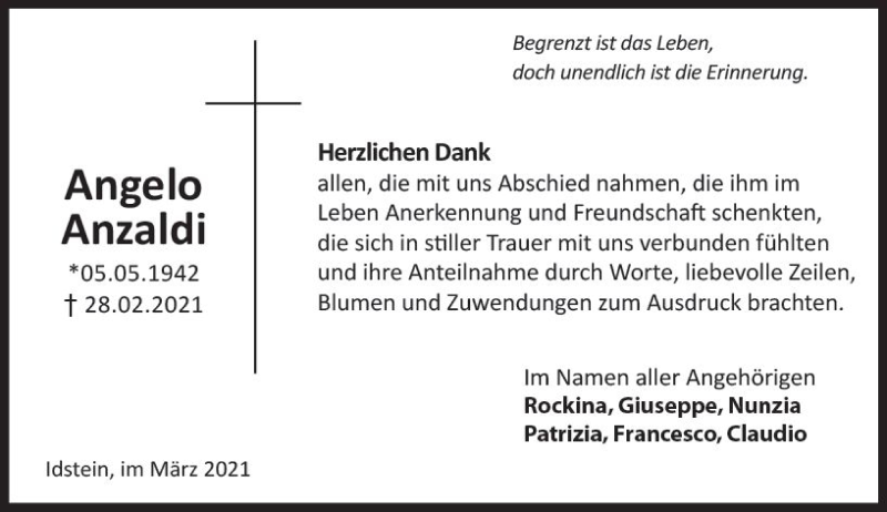  Traueranzeige für Angelo Anzaldi vom 20.03.2021 aus vrm-trauer
