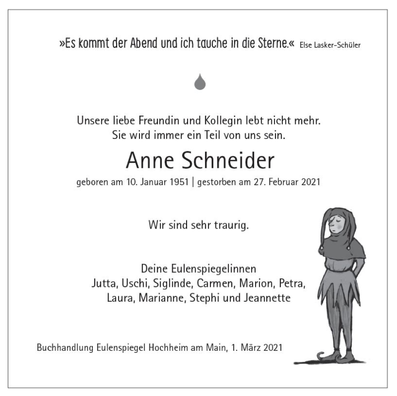  Traueranzeige für Anne Schneider vom 05.03.2021 aus vrm-trauer