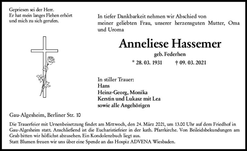  Traueranzeige für Anneliese Hassemer vom 22.03.2021 aus vrm-trauer