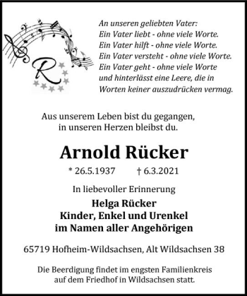 Traueranzeige von Arnold Rücker von vrm-trauer