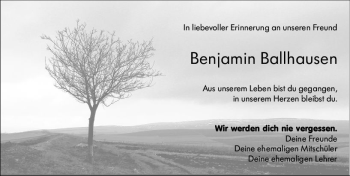 Traueranzeige von Benjamin Ballhausen von vrm-trauer