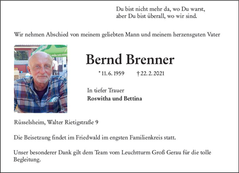  Traueranzeige für Bernd Brenner vom 06.03.2021 aus vrm-trauer