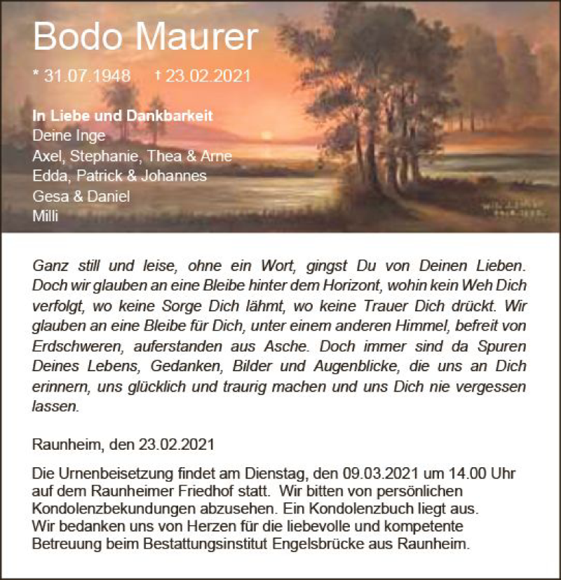  Traueranzeige für Bodo Maurer vom 06.03.2021 aus vrm-trauer