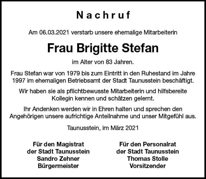  Traueranzeige für Brigitte Stefan vom 31.03.2021 aus vrm-trauer