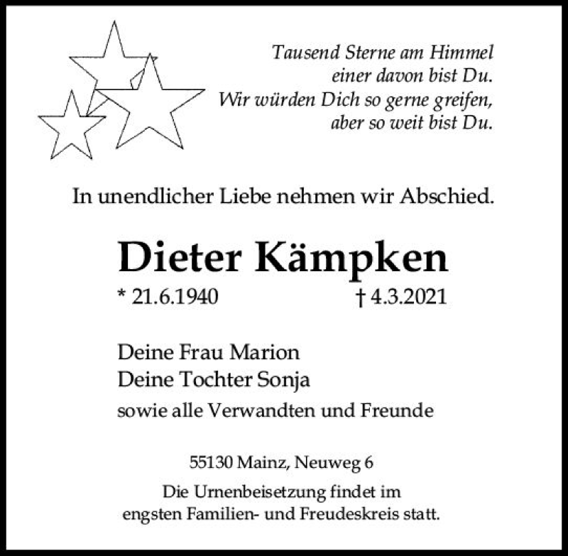  Traueranzeige für Dieter Kämpken vom 13.03.2021 aus vrm-trauer