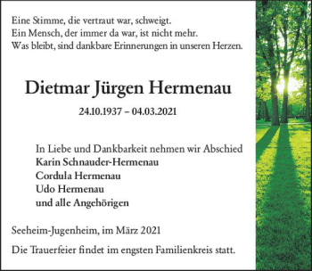 Traueranzeige von Dietmar Jürgen Hermenau von vrm-trauer