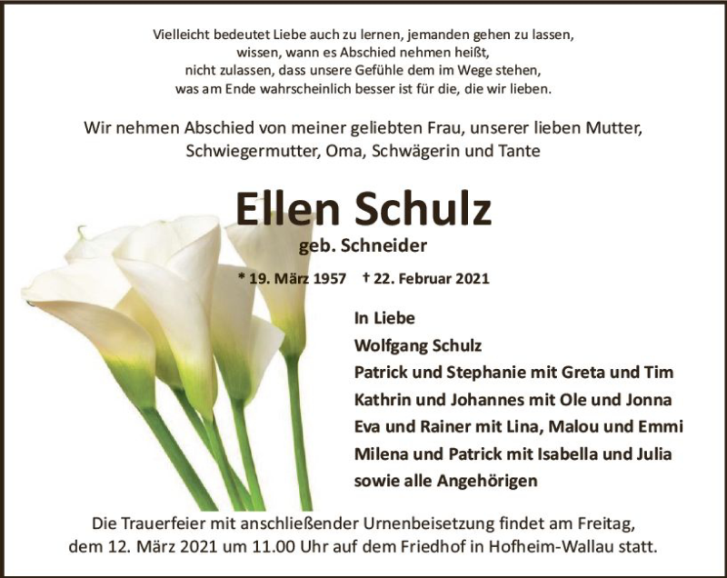  Traueranzeige für Ellen Schulz vom 06.03.2021 aus vrm-trauer