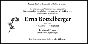 Traueranzeige von Erna Bottelberger von vrm-trauer