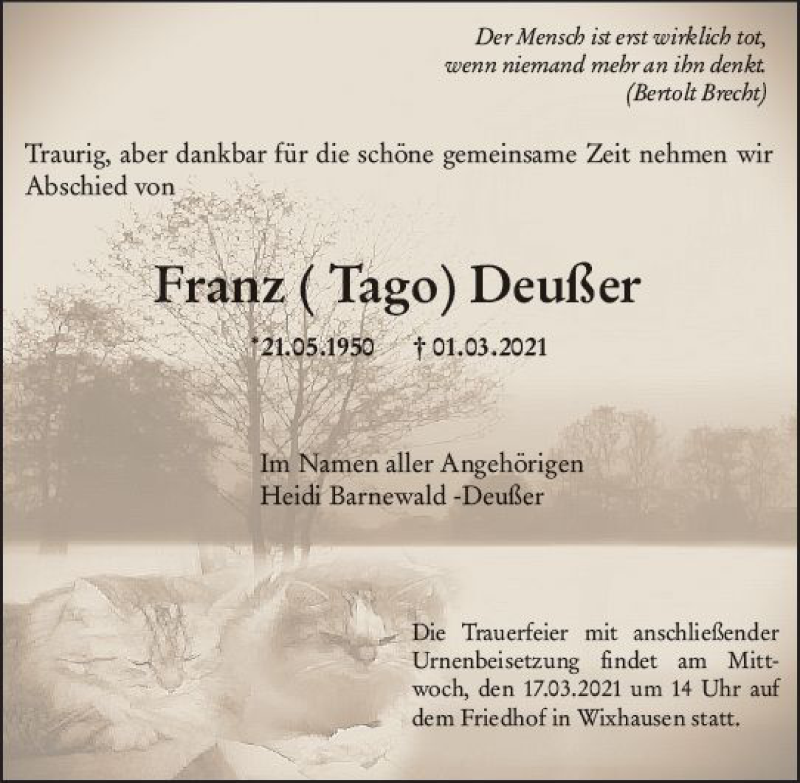  Traueranzeige für Franz Deußer vom 06.03.2021 aus vrm-trauer