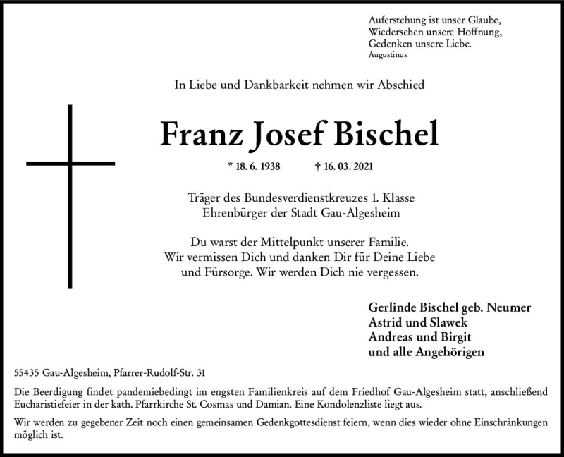  Traueranzeige für Franz Josef Bischel vom 20.03.2021 aus vrm-trauer