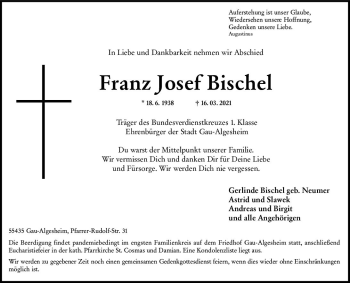 Traueranzeige von Franz Josef Bischel von vrm-trauer
