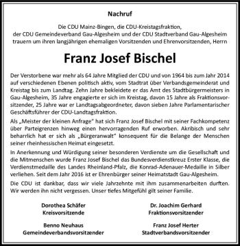 Traueranzeige von Franz Josef Bischel von vrm-trauer