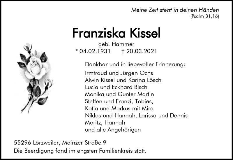  Traueranzeige für Franziska Kissel vom 27.03.2021 aus vrm-trauer