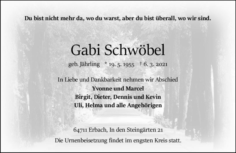  Traueranzeige für Gabi Schwöbel vom 13.03.2021 aus vrm-trauer