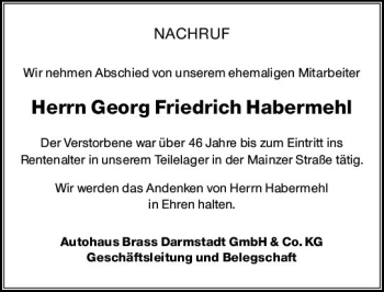 Traueranzeige von Georg Friedrich Habermehl von vrm-trauer