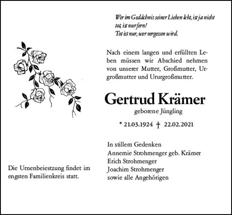  Traueranzeige für Gertrud Krämer vom 06.03.2021 aus vrm-trauer