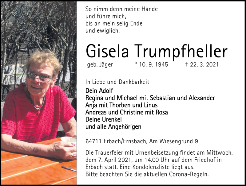  Traueranzeige für Gisela Trumpfheller vom 27.03.2021 aus vrm-trauer
