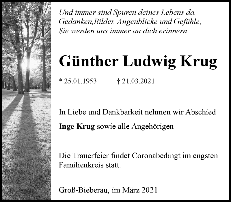  Traueranzeige für Günther Ludwig Krug vom 27.03.2021 aus vrm-trauer
