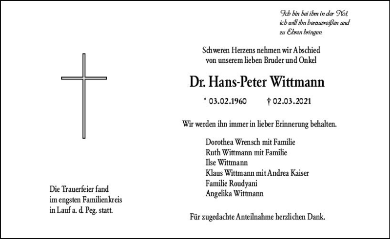  Traueranzeige für Hans-Peter Wittmann vom 20.03.2021 aus vrm-trauer