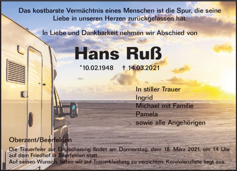  Traueranzeige für Hans Ruß vom 16.03.2021 aus vrm-trauer