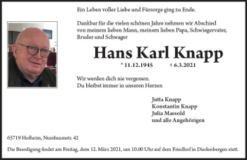 Traueranzeige von Hans Karl Knapp von vrm-trauer
