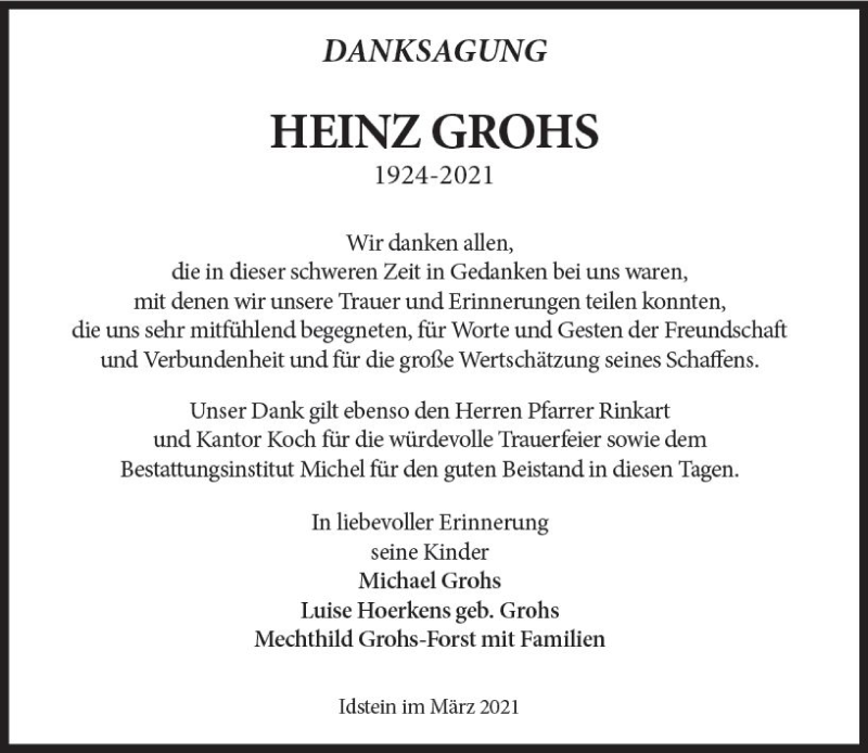  Traueranzeige für Heinz Grohs vom 20.03.2021 aus vrm-trauer