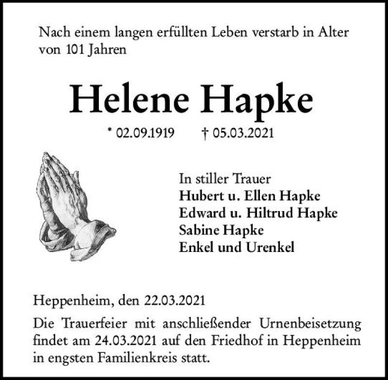  Traueranzeige für Helene Hapke vom 20.03.2021 aus vrm-trauer