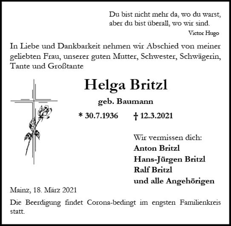  Traueranzeige für Helga Britzl vom 18.03.2021 aus vrm-trauer